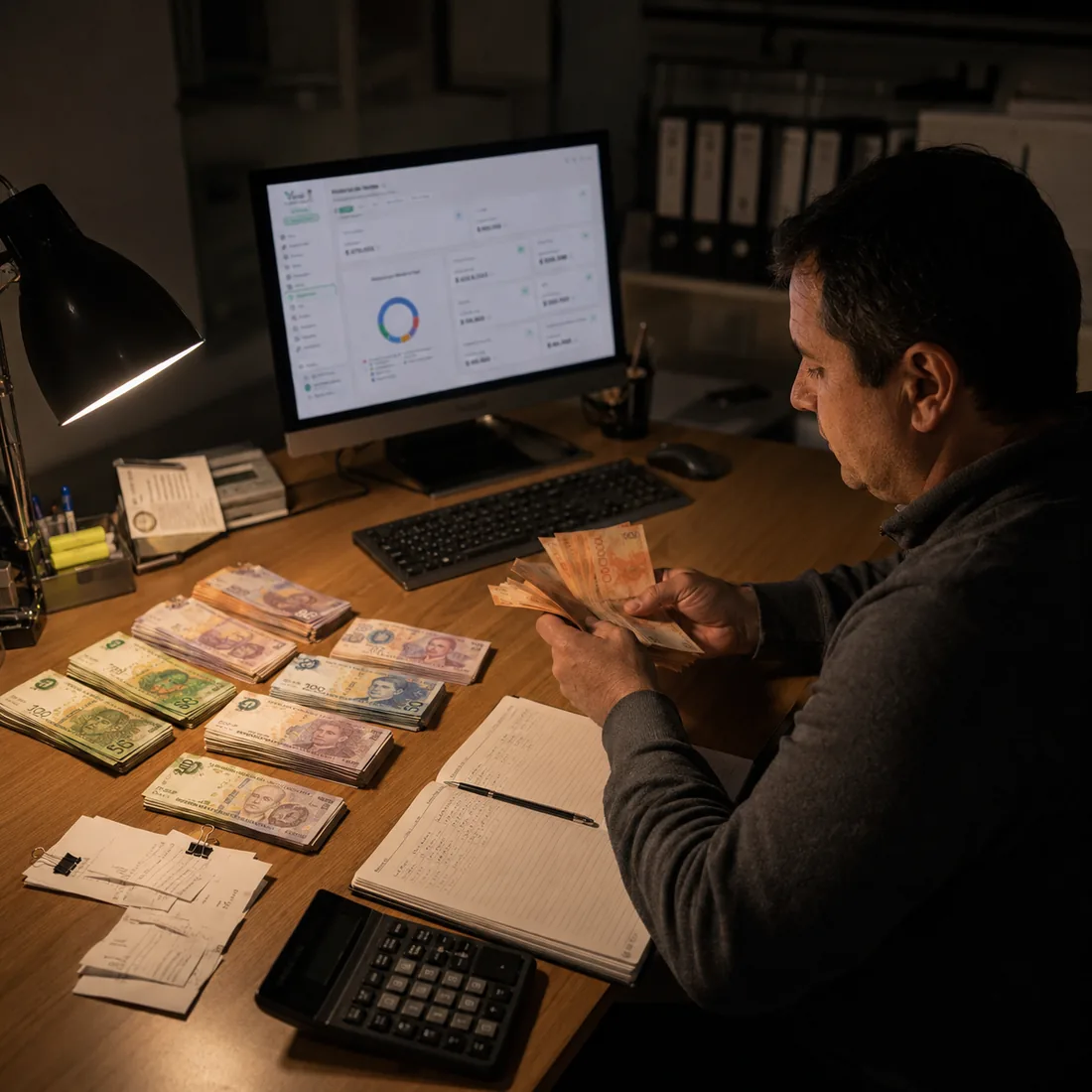 Dueño de una distribuidora contando el efectivo del día, con los billetes ordenados por denominación y Vendi abierto en el monitor