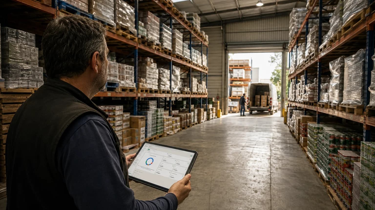 Encargado de un depósito mayorista con Vendi abierto en la tablet, entre estanterías de pallets y una camioneta cargando al fondo