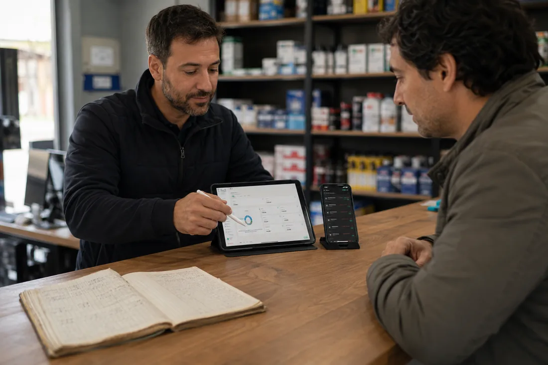 Vendedor de una distribuidora mostrándole su cuenta a un cliente en la tablet, con el viejo cuaderno de fiado abierto sobre el mostrador