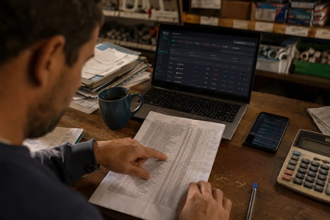 Ferretero repasando con el dedo una lista de precios impresa del proveedor, con Vendi abierto en la notebook y una calculadora al lado