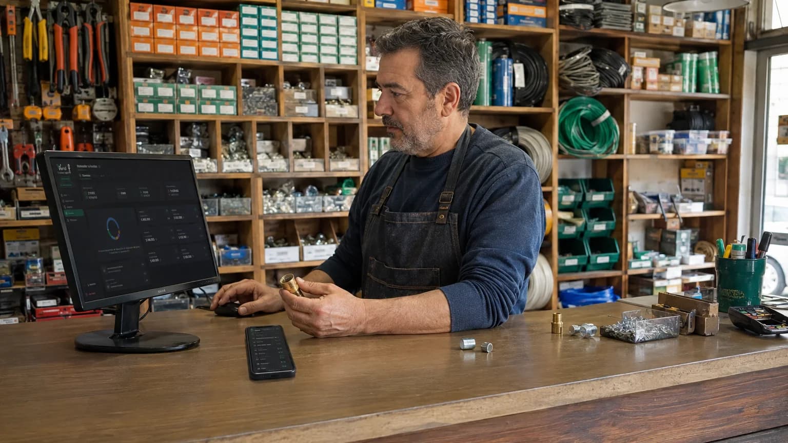 Ferretero atendiendo detrás del mostrador, con una pieza en la mano y Vendi abierto en el monitor y en el celular