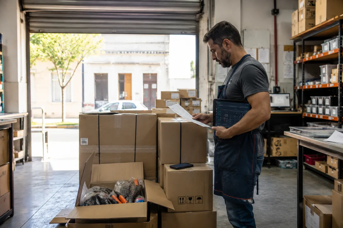 Recepción de mercadería en una ferretería: cajas recién bajadas y el dueño cotejando el remito del proveedor