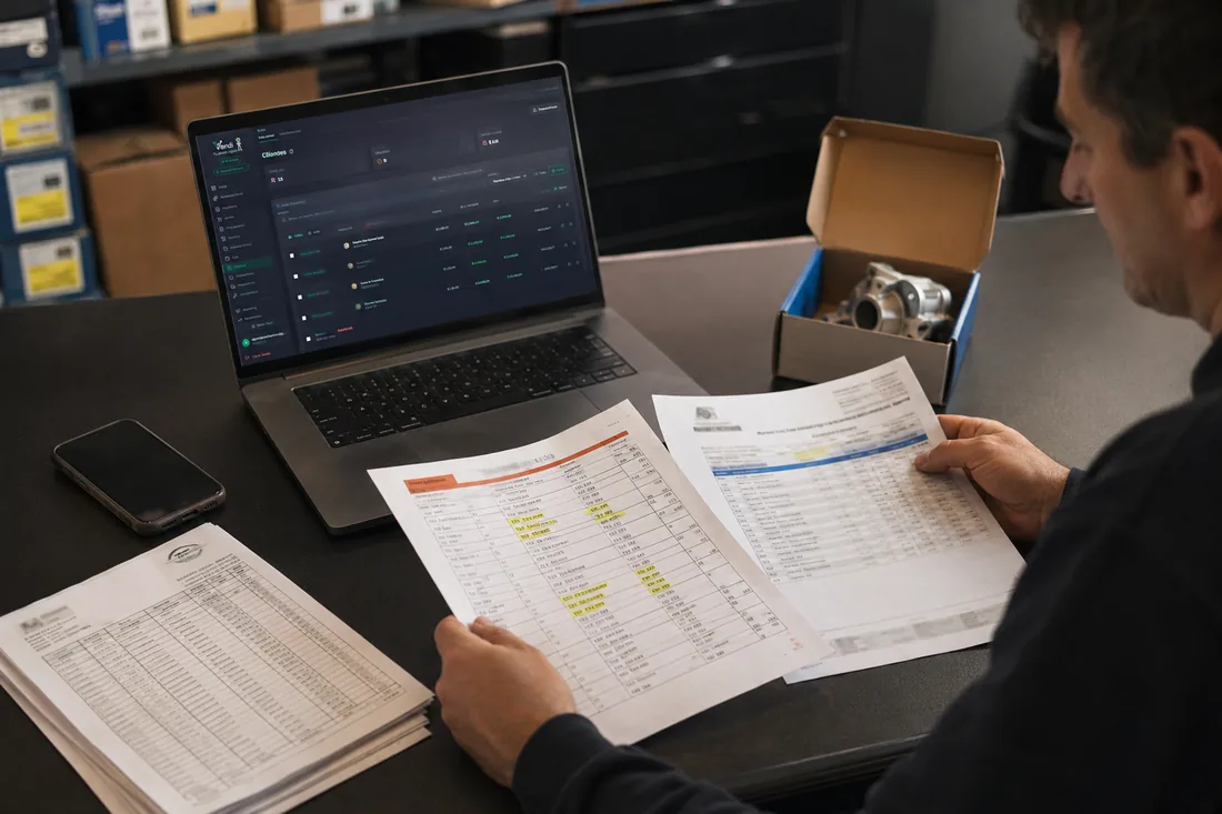 Encargado de una casa de repuestos comparando dos listas de precios de proveedores con renglones resaltados, con Vendi abierto en la notebook