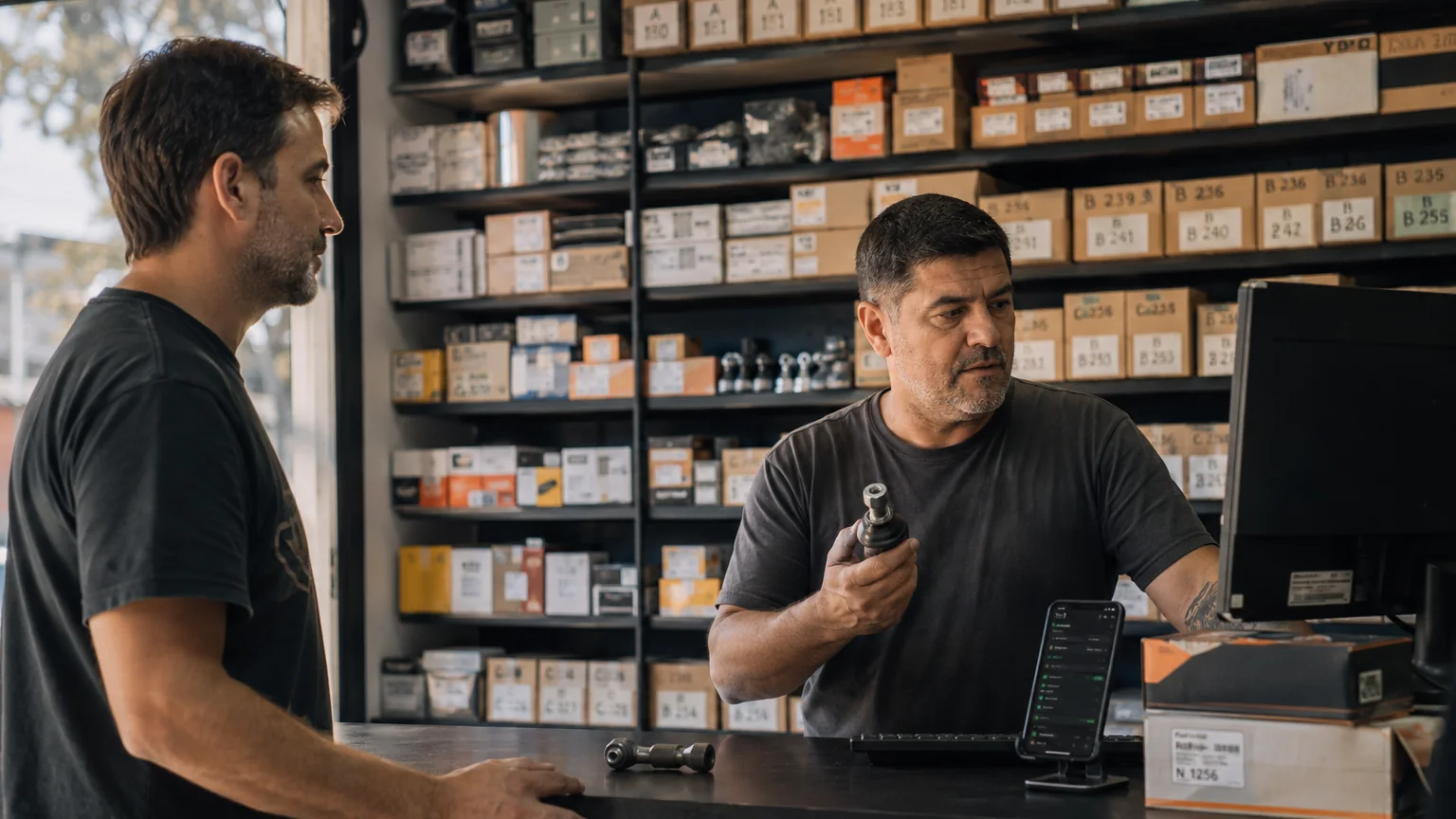 Vendedor de una casa de repuestos atendiendo a un cliente en el mostrador, con la pieza en la mano y estanterías de cajas rotuladas por código detrás