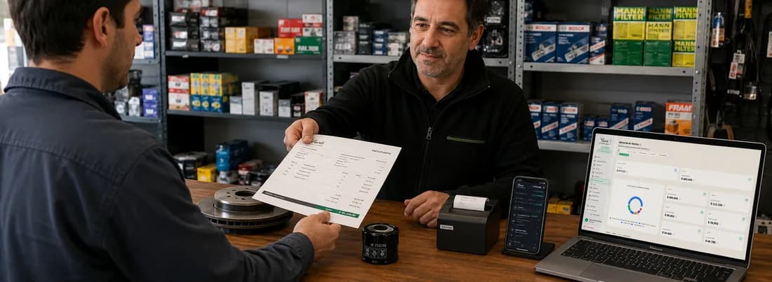 Vendedor de una casa de repuestos entregándole el presupuesto impreso a un mecánico, con la impresora de tickets y Vendi abierto en la notebook