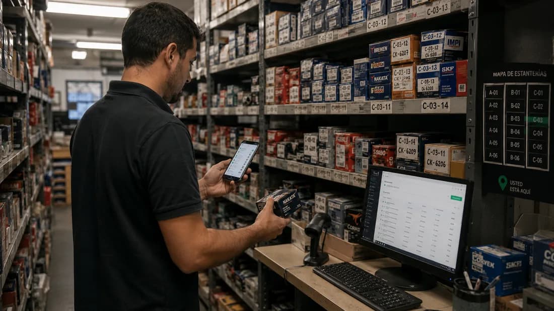 Empleado de una casa de repuestos buscando una pieza en el depósito con el celular, junto a estanterías rotuladas por código y un mapa de estanterías en la pared