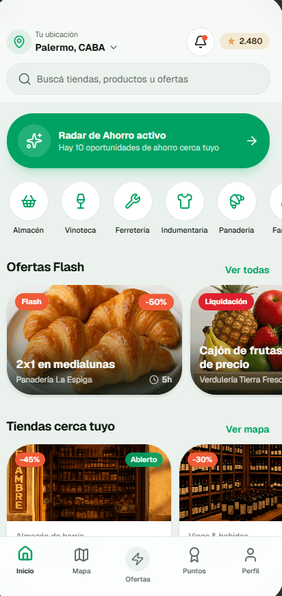 Vendi App — pantalla de inicio con el radar de comercios cercanos