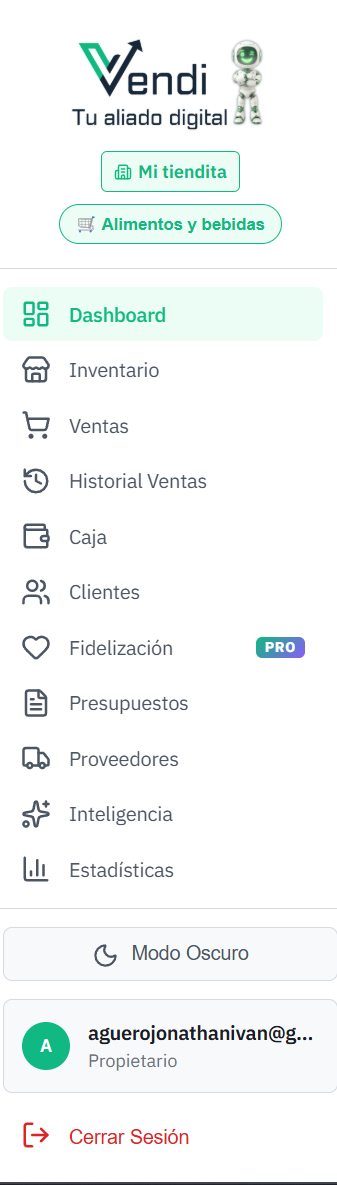 Menú lateral / Sidebar con las secciones