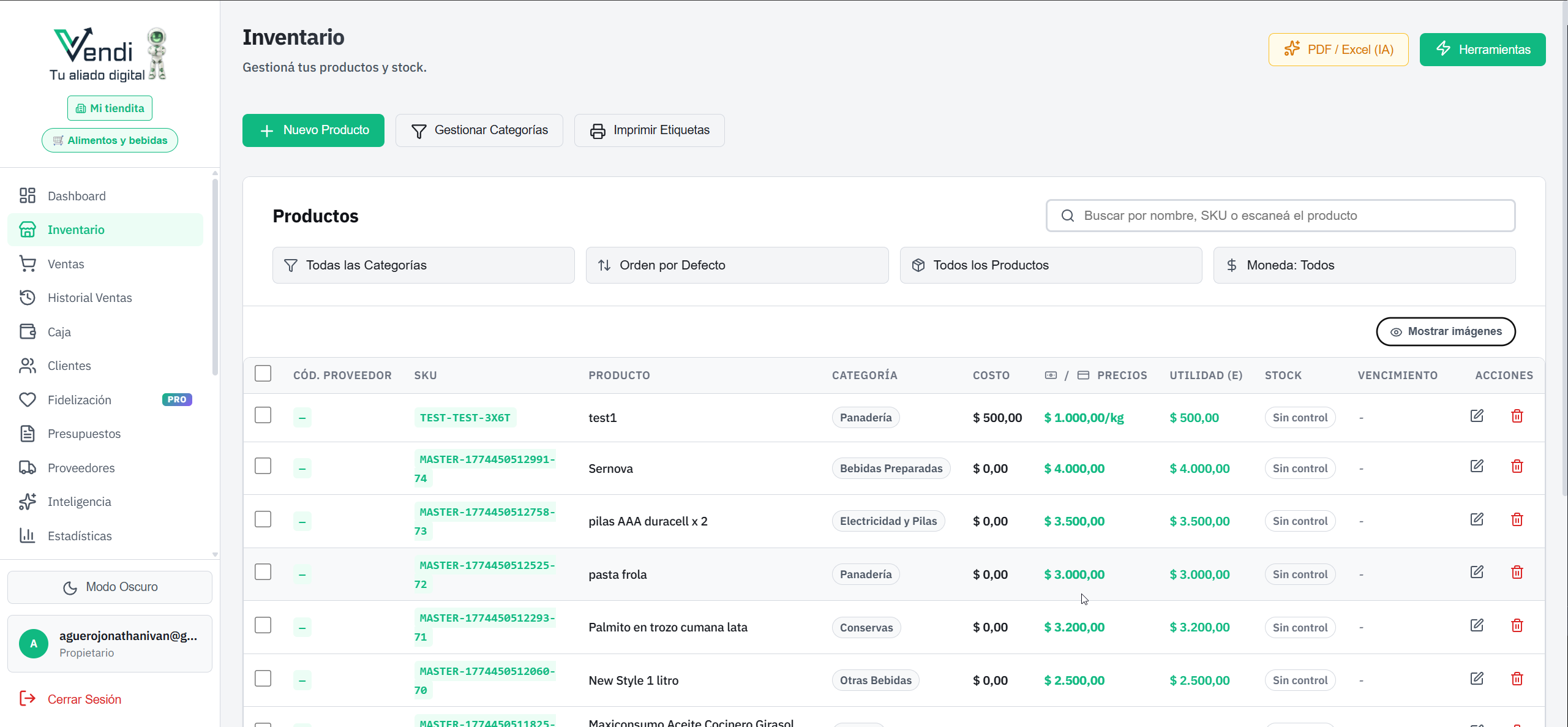 Pantalla principal del Inventario