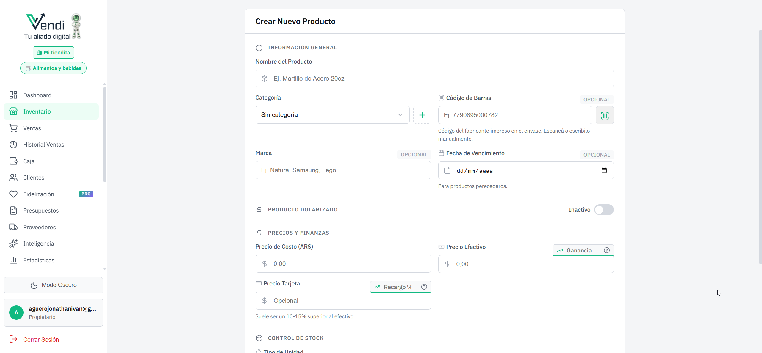 Formulario de nuevo producto — Información general
