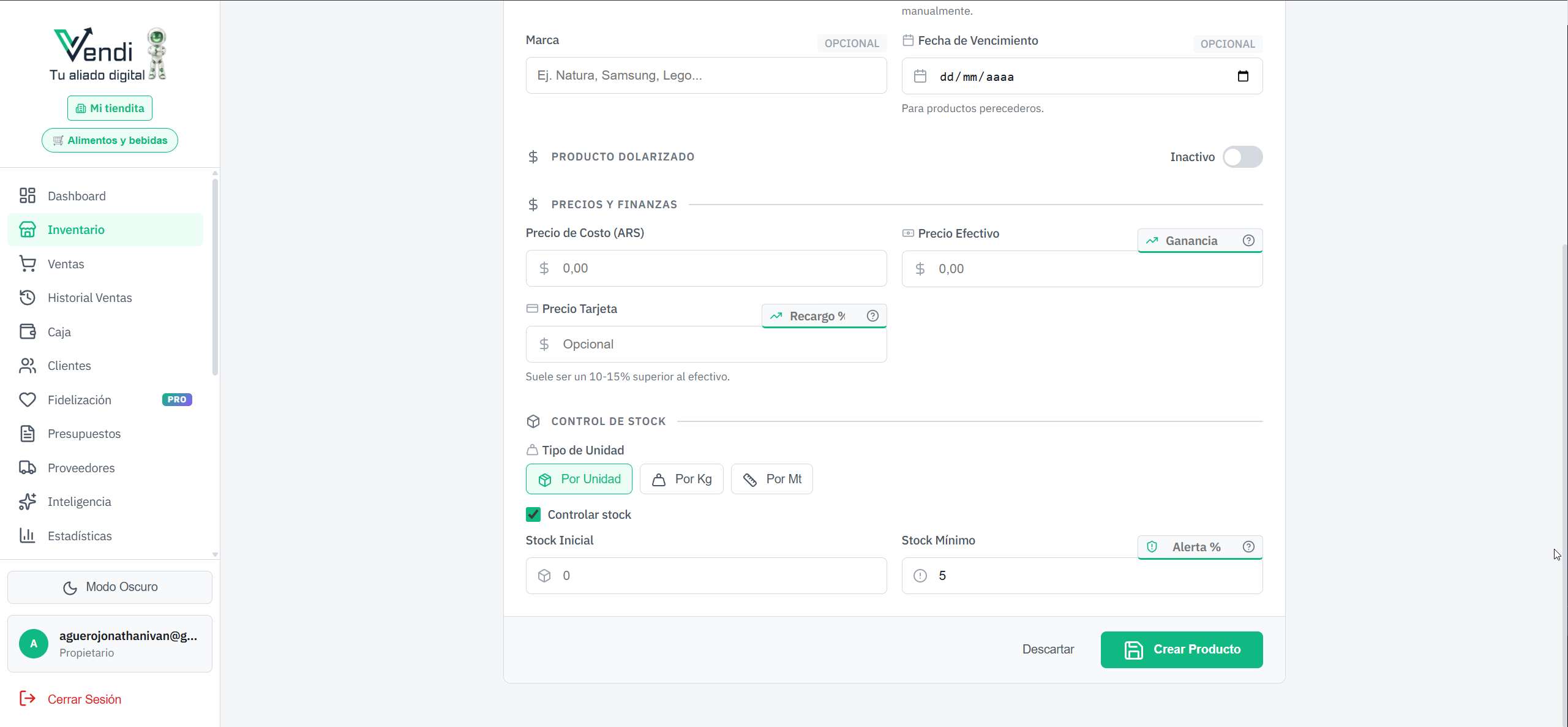 Formulario de nuevo producto — Precios y Stock
