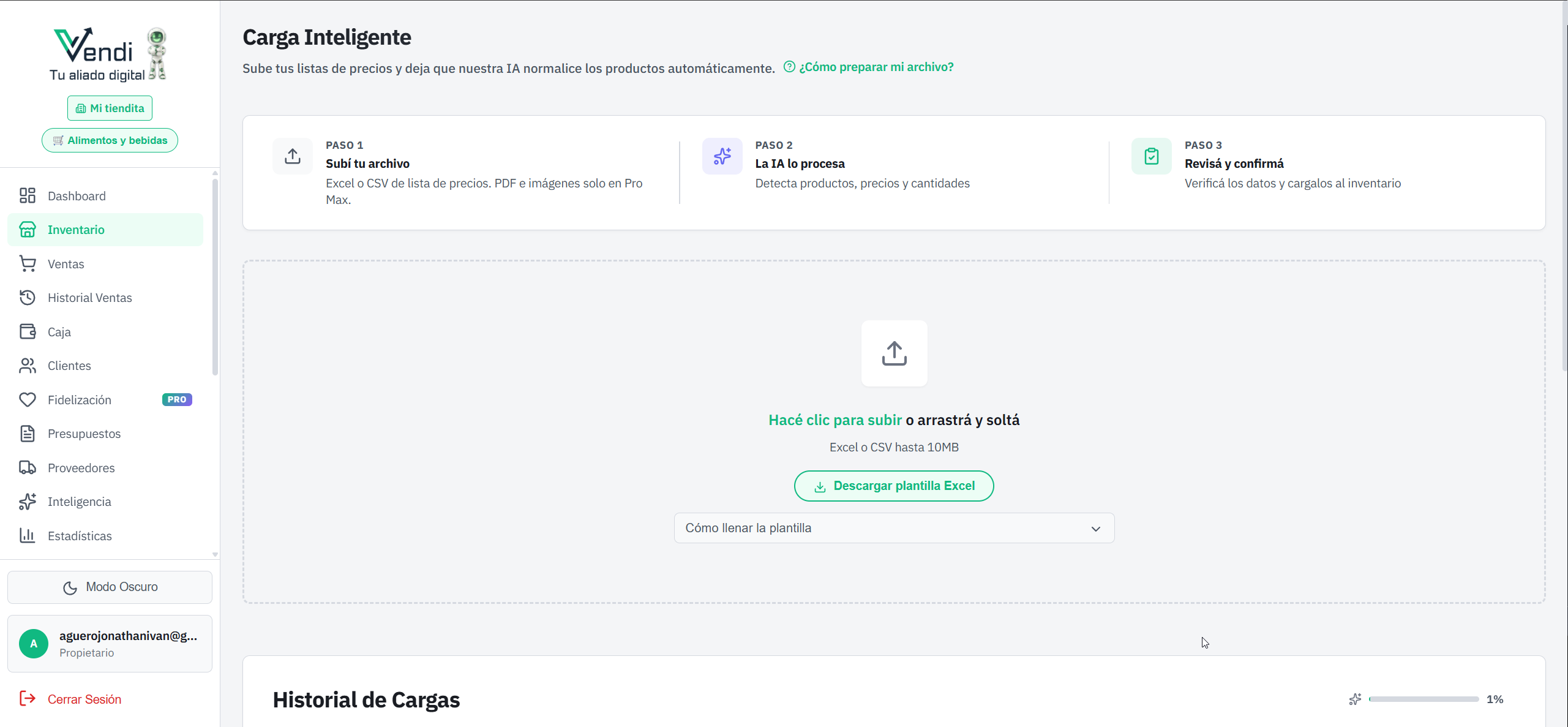 Pantalla de Carga Inteligente — Vista general