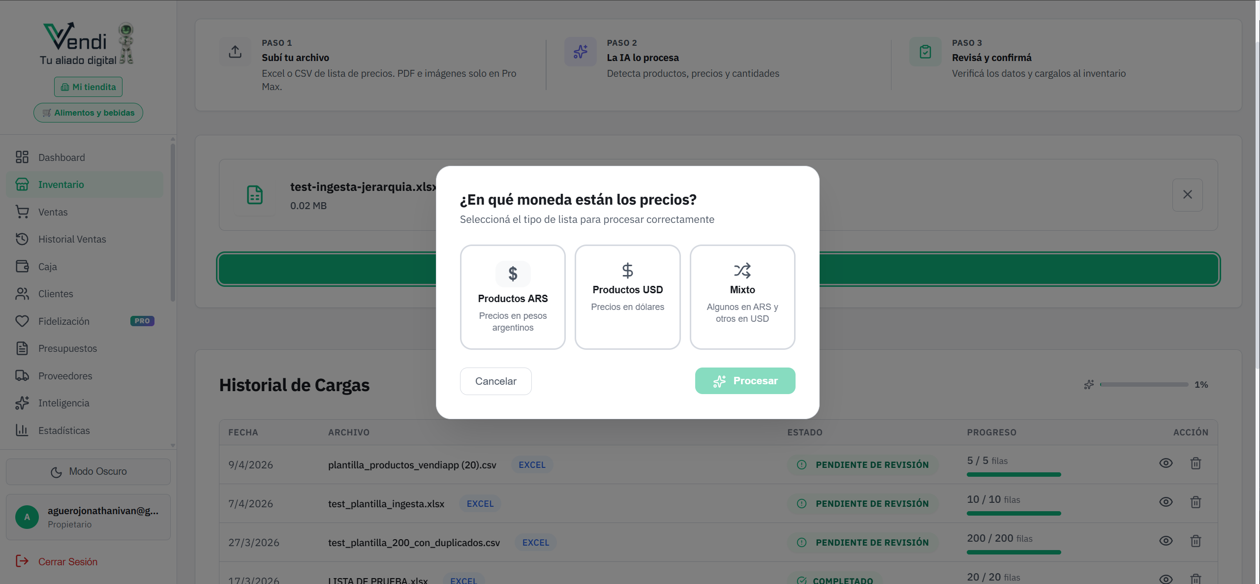 Selección de moneda (ARS / USD / Mixto)