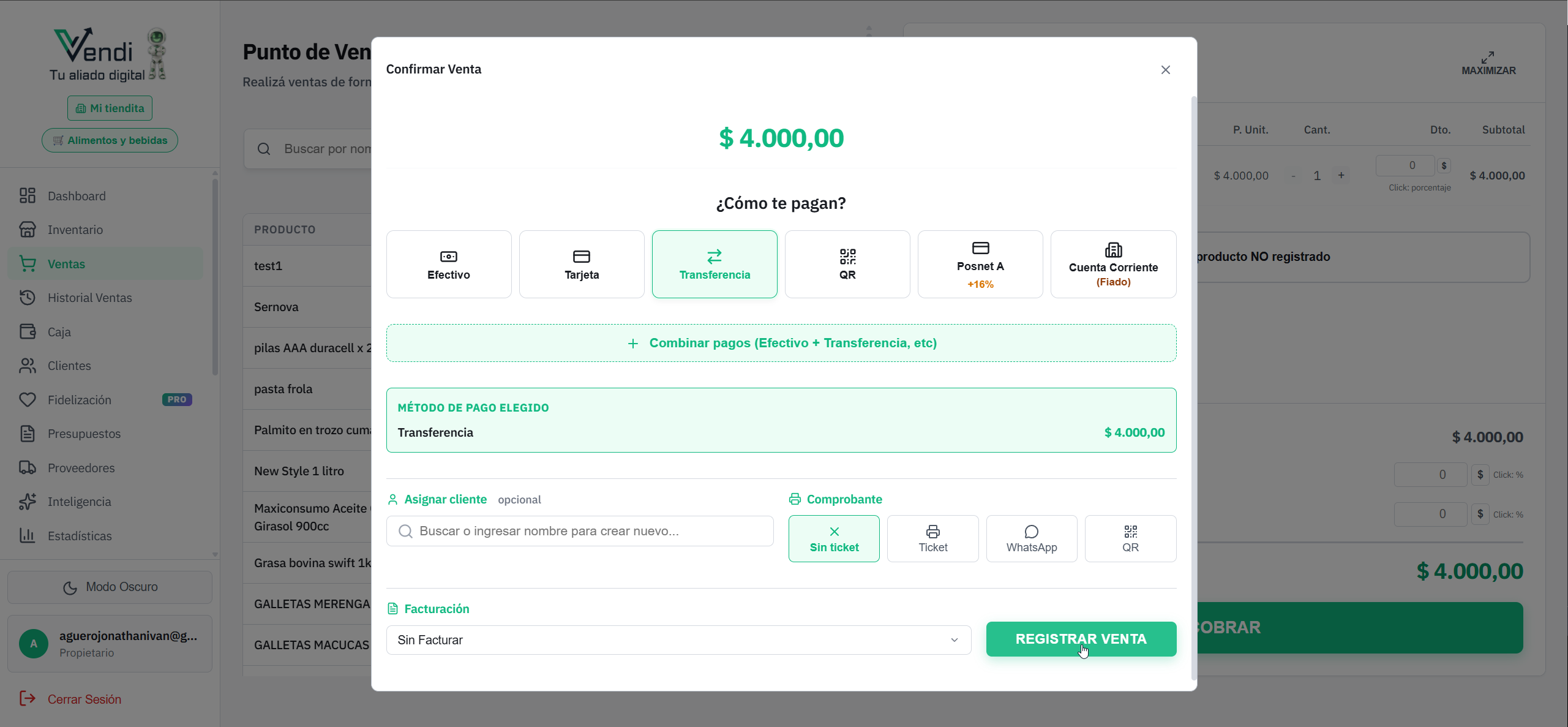 Modal de Confirmar Venta — Métodos de pago