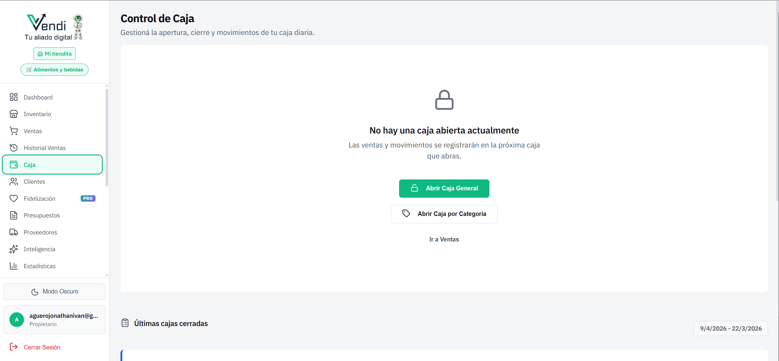 Caja — Estado sin caja abierta + Modal de apertura