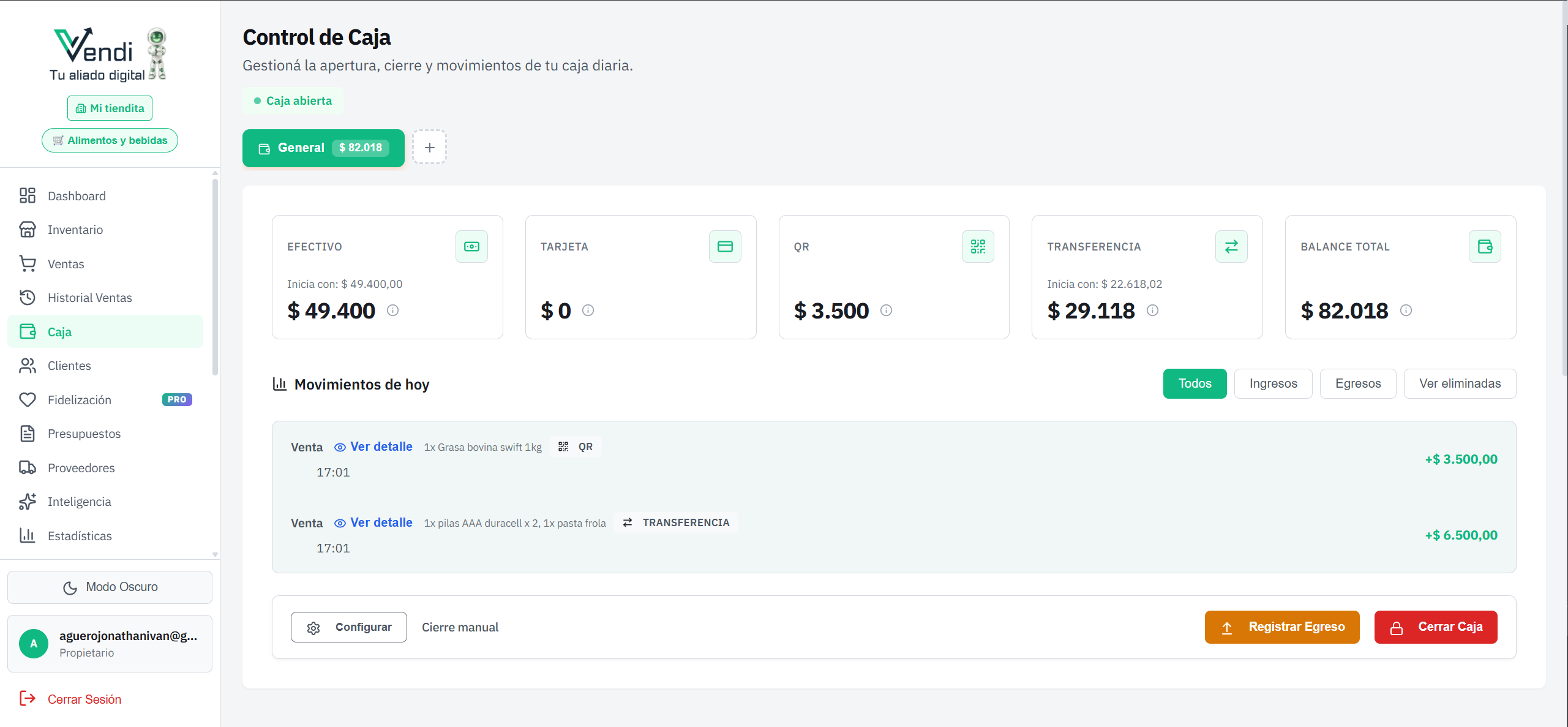 Caja abierta — KPIs y movimientos del día