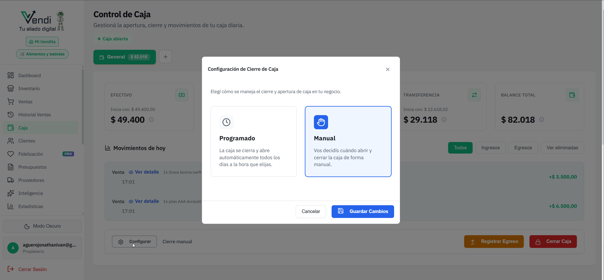 Configuración de Caja — Cierre manual vs automático