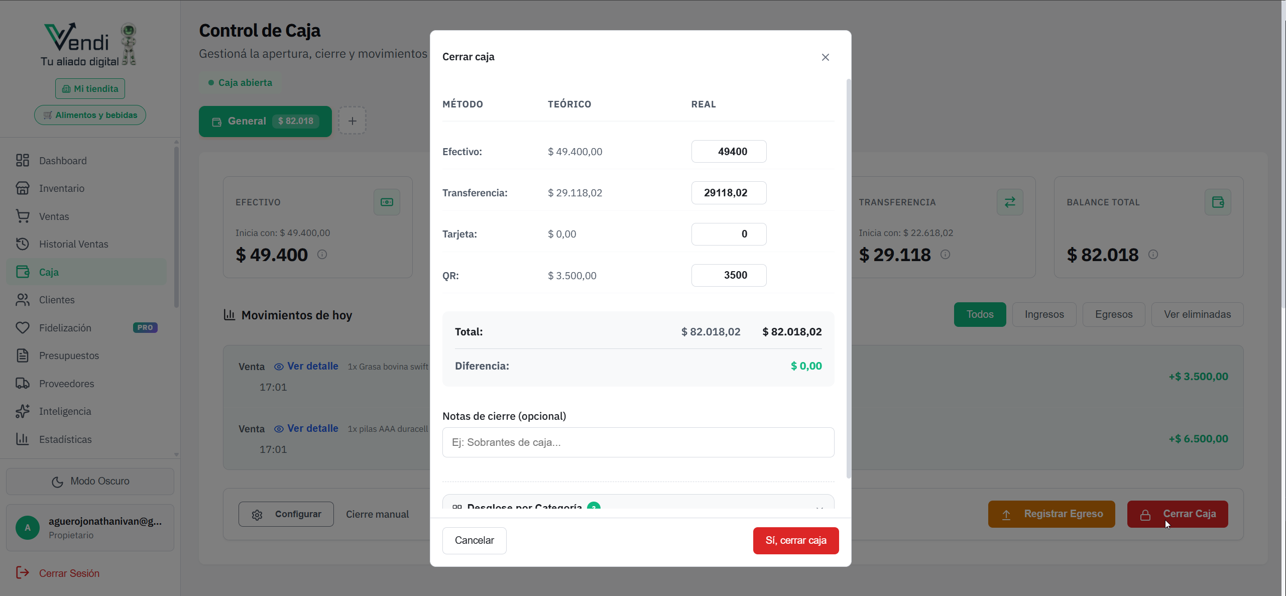 Cierre de Caja — Resumen y detalle