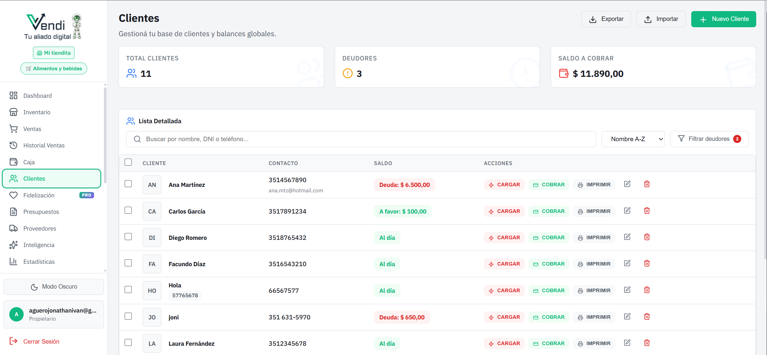 Pantalla de Clientes — Listado con saldos