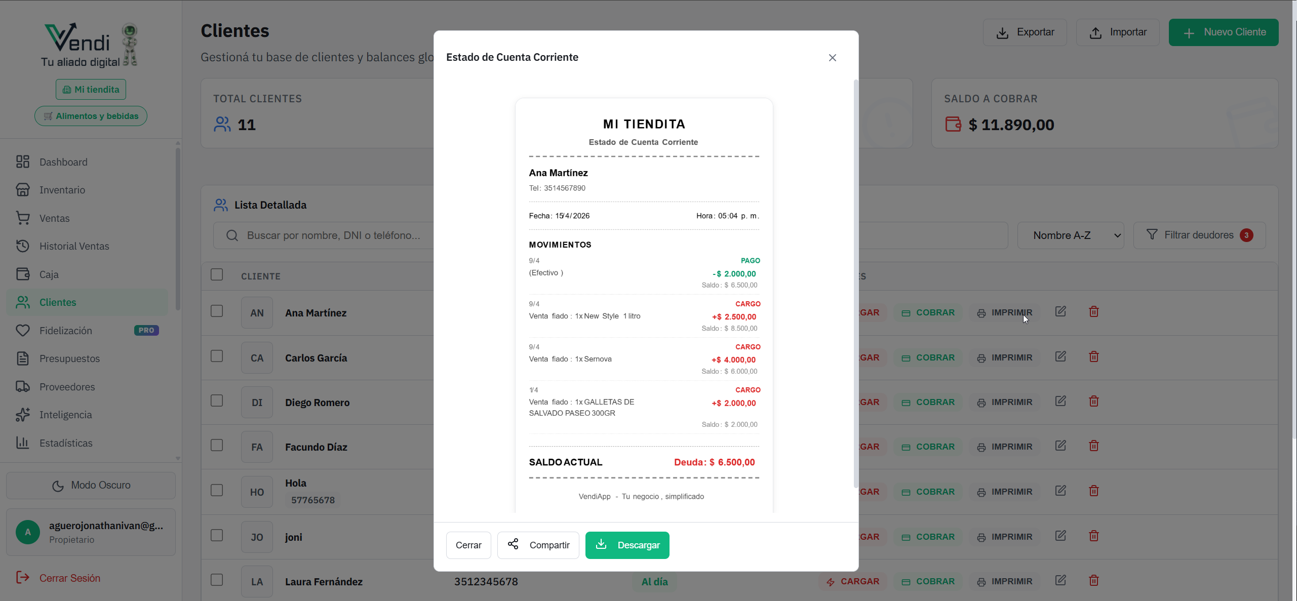 Ticket / Estado de cuenta del cliente