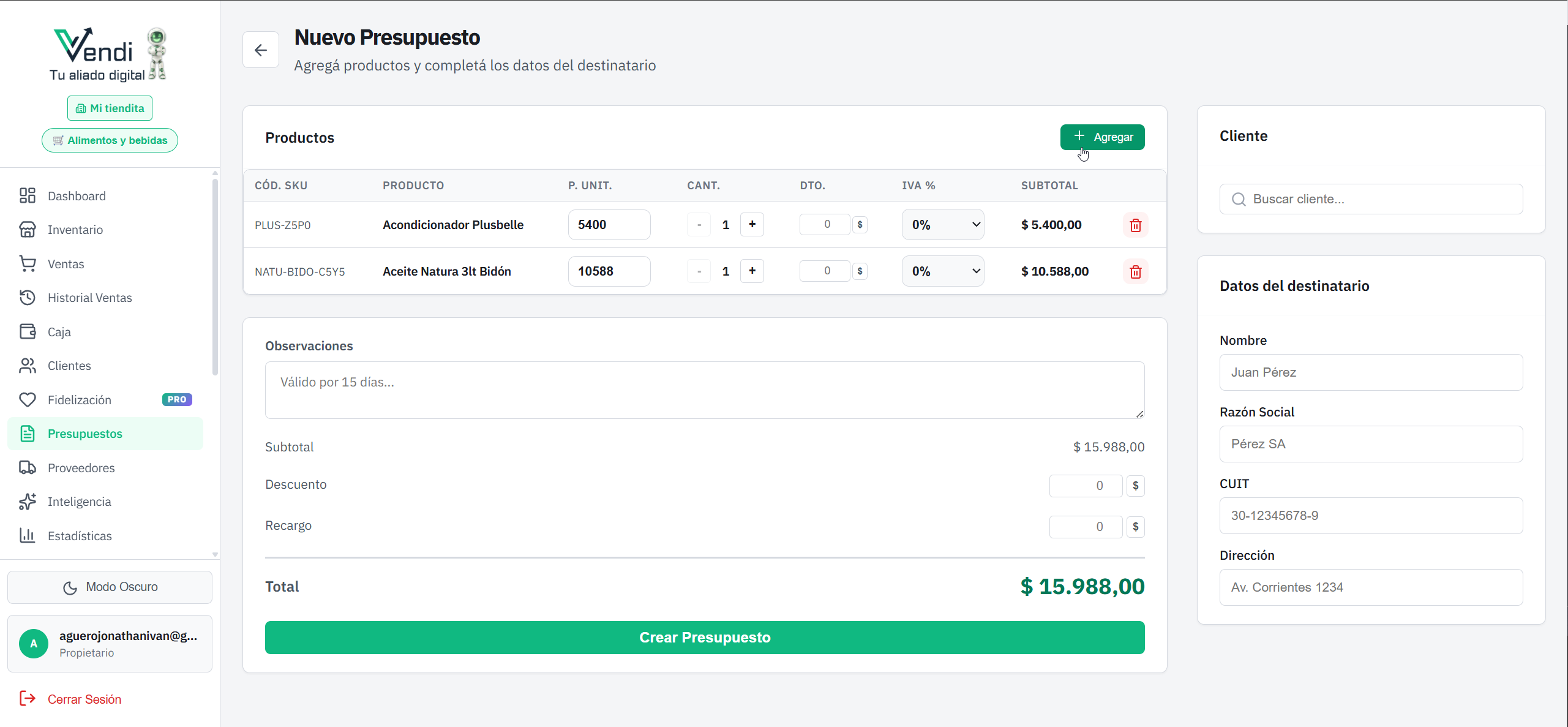 Creación de un presupuesto nuevo