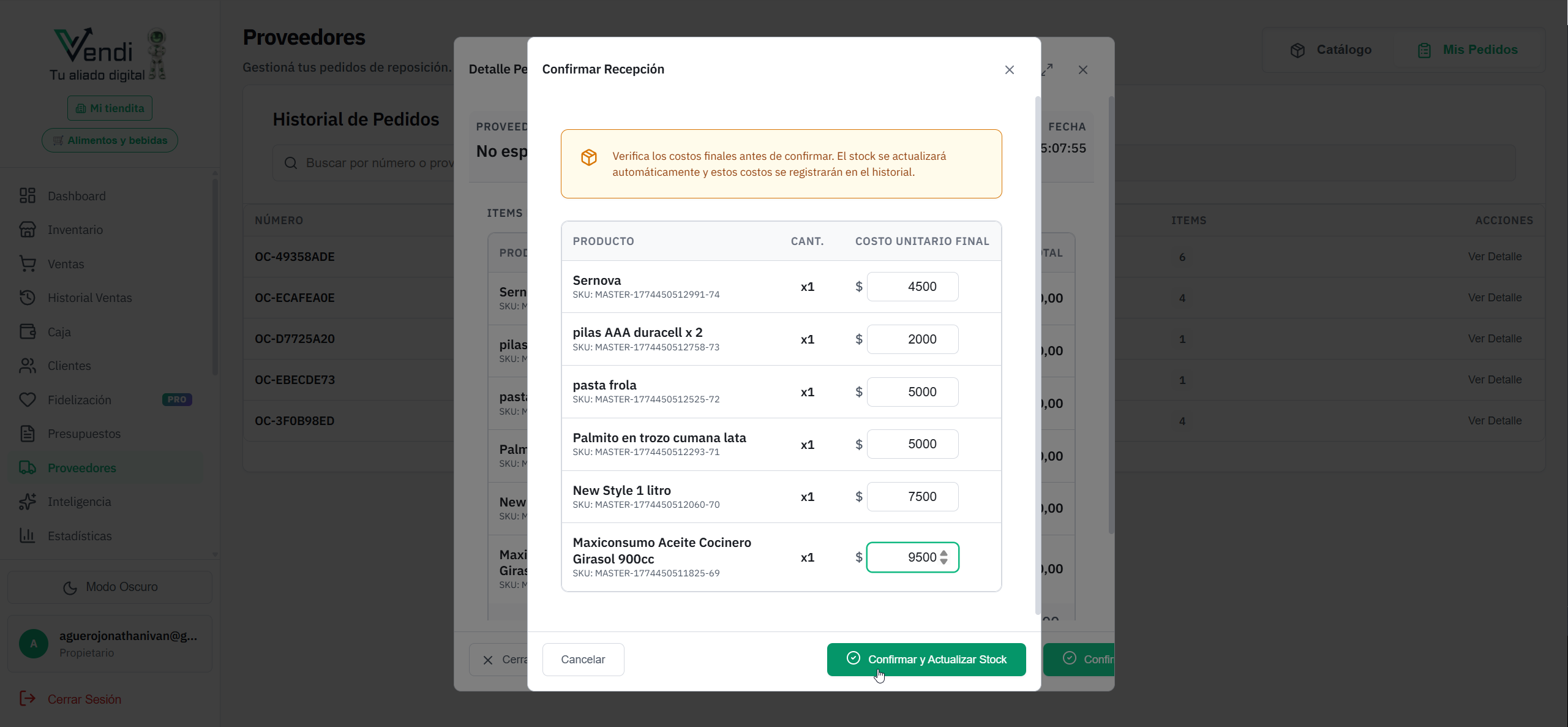 Confirmar Recepción — Verificar costos y actualizar stock