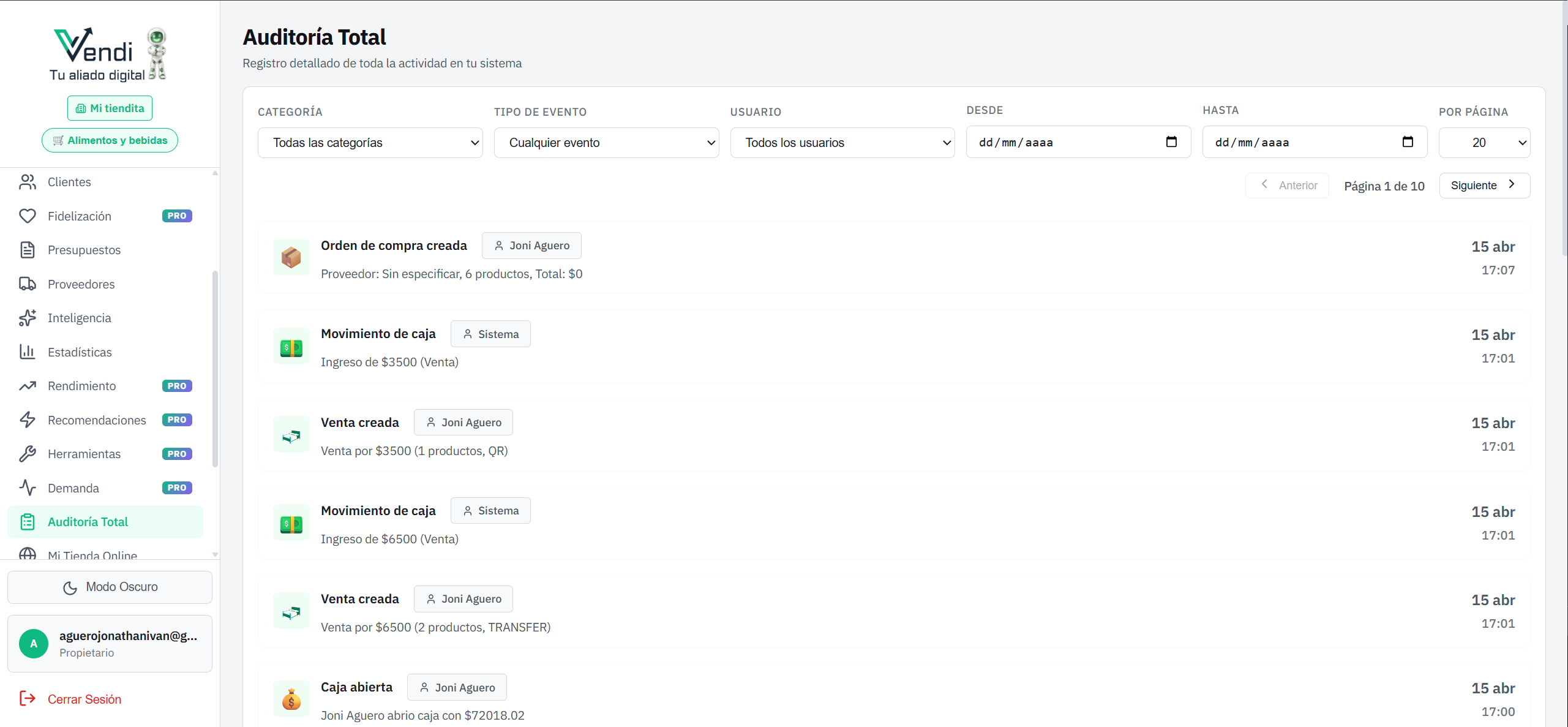 Pantalla de Auditoría Total