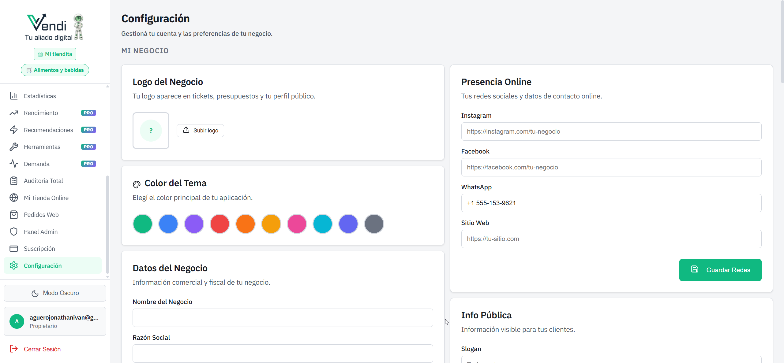 Configuración — Datos del negocio