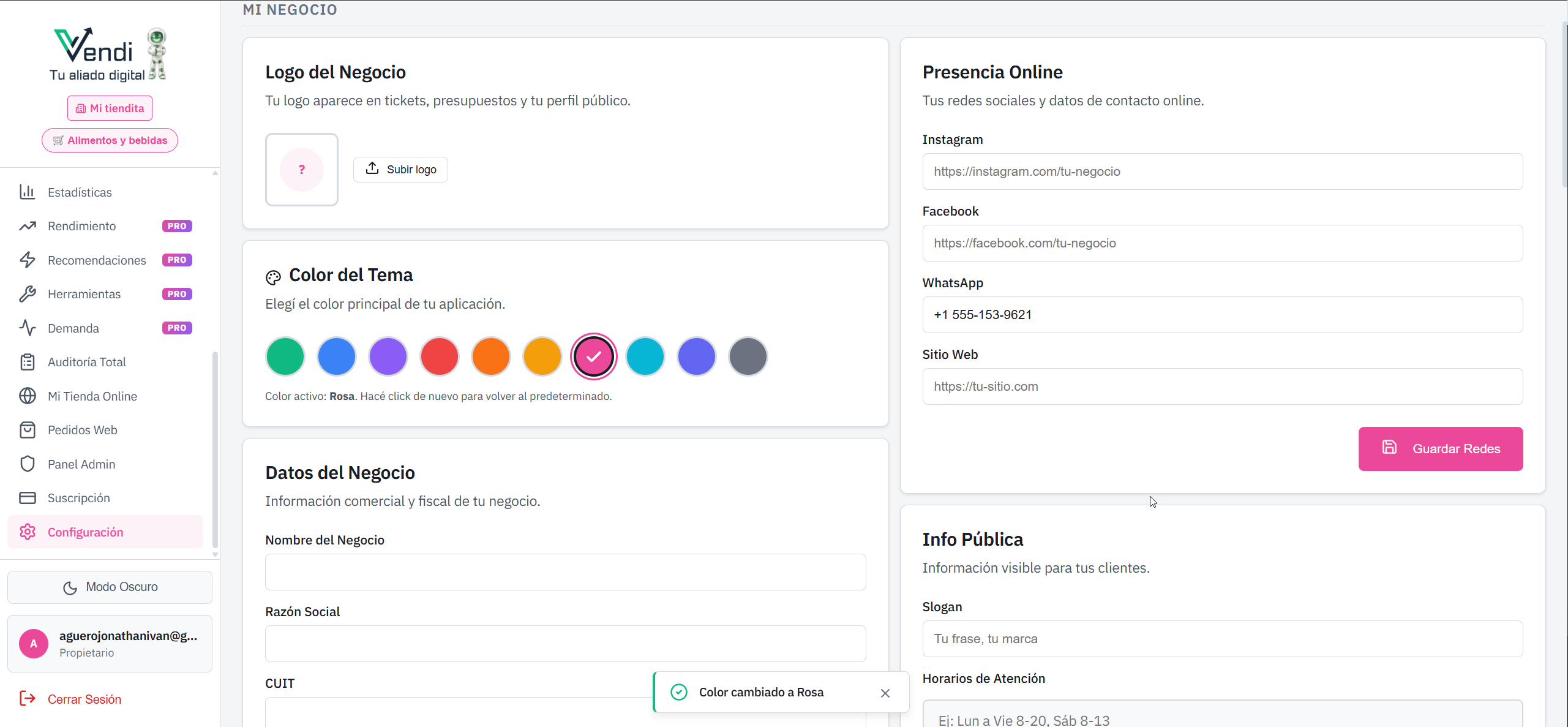 Selección de color del tema + modo oscuro