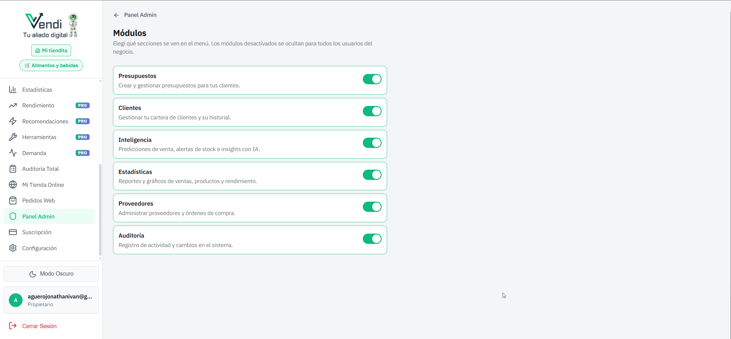 Panel Admin — Módulos (activar/desactivar secciones)
