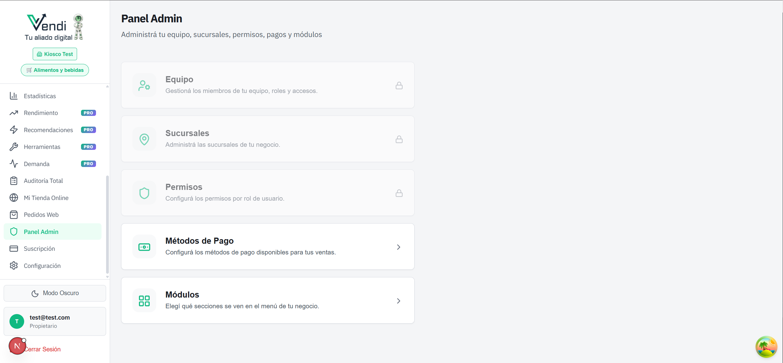 Panel Admin — Vista general (Equipo, Permisos, Módulos)
