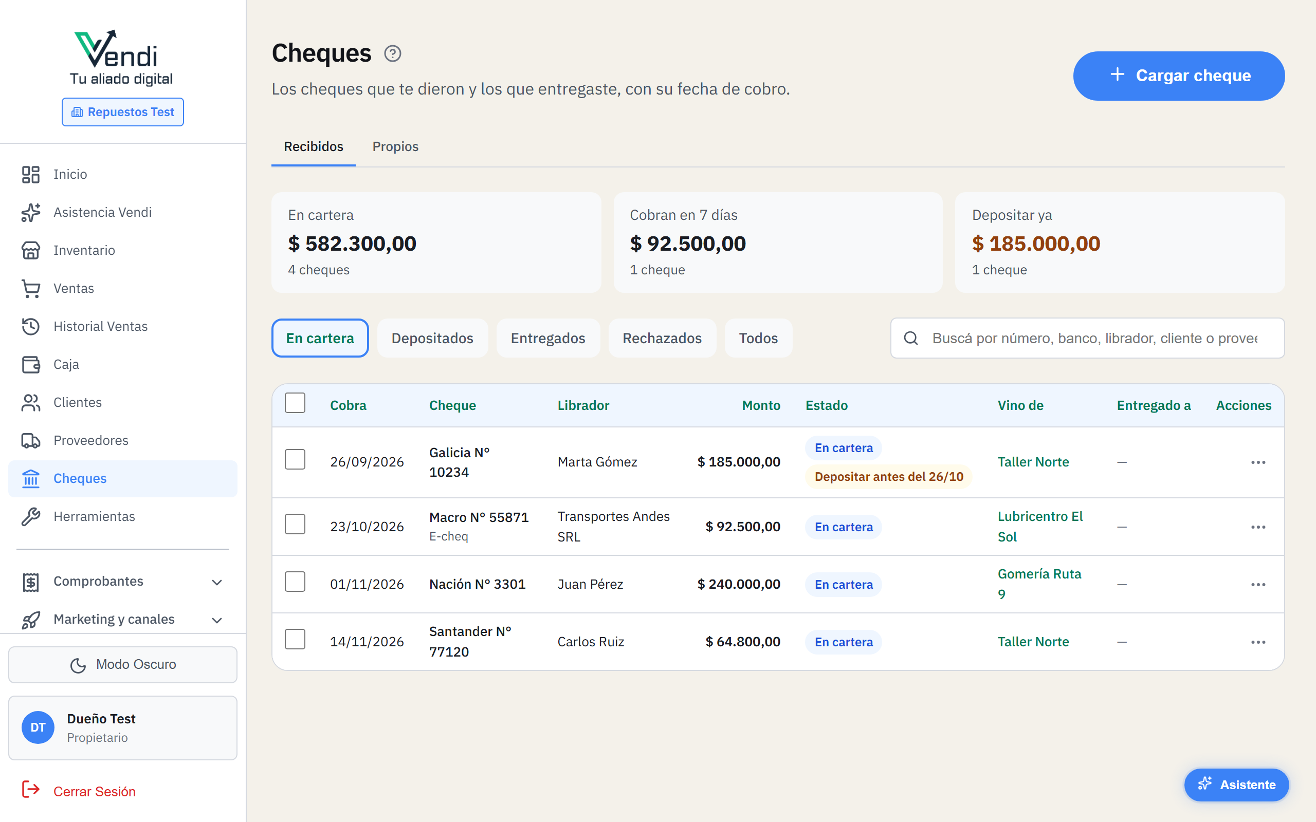 Cheques — Recibidos en cartera, con sus cifras
