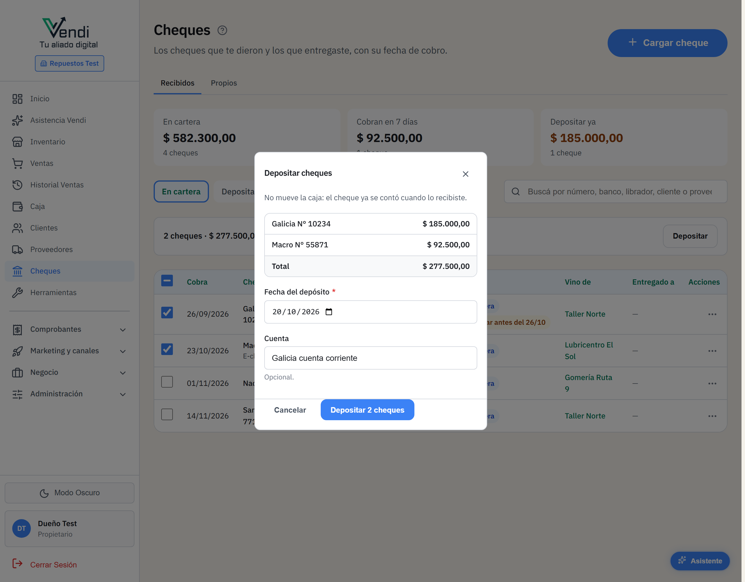 Depositar dos cheques de la cartera