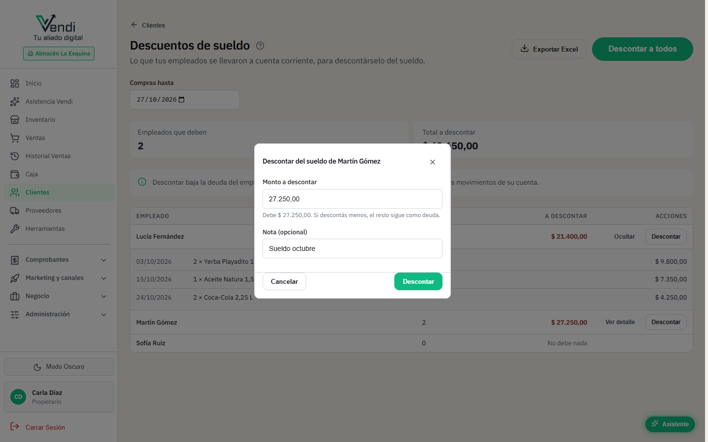 Descontar del sueldo de un empleado