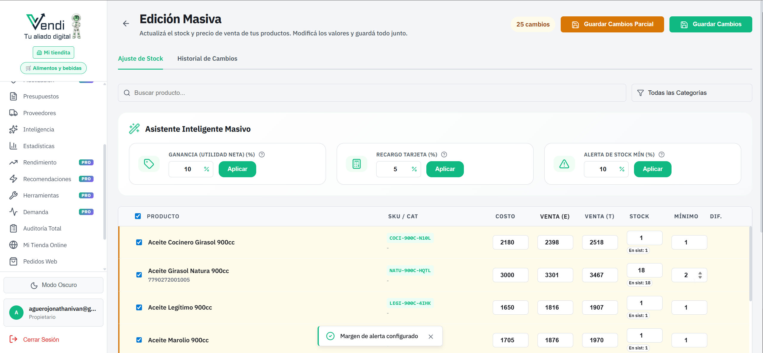 Edición Masiva — Vista general con tabla editable