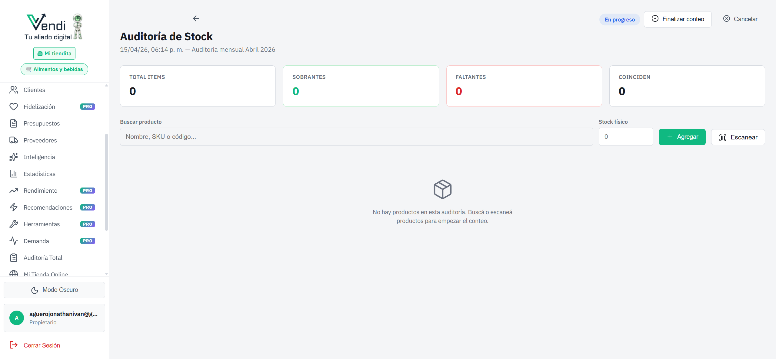 Auditoría en progreso — Conteo y diferencias