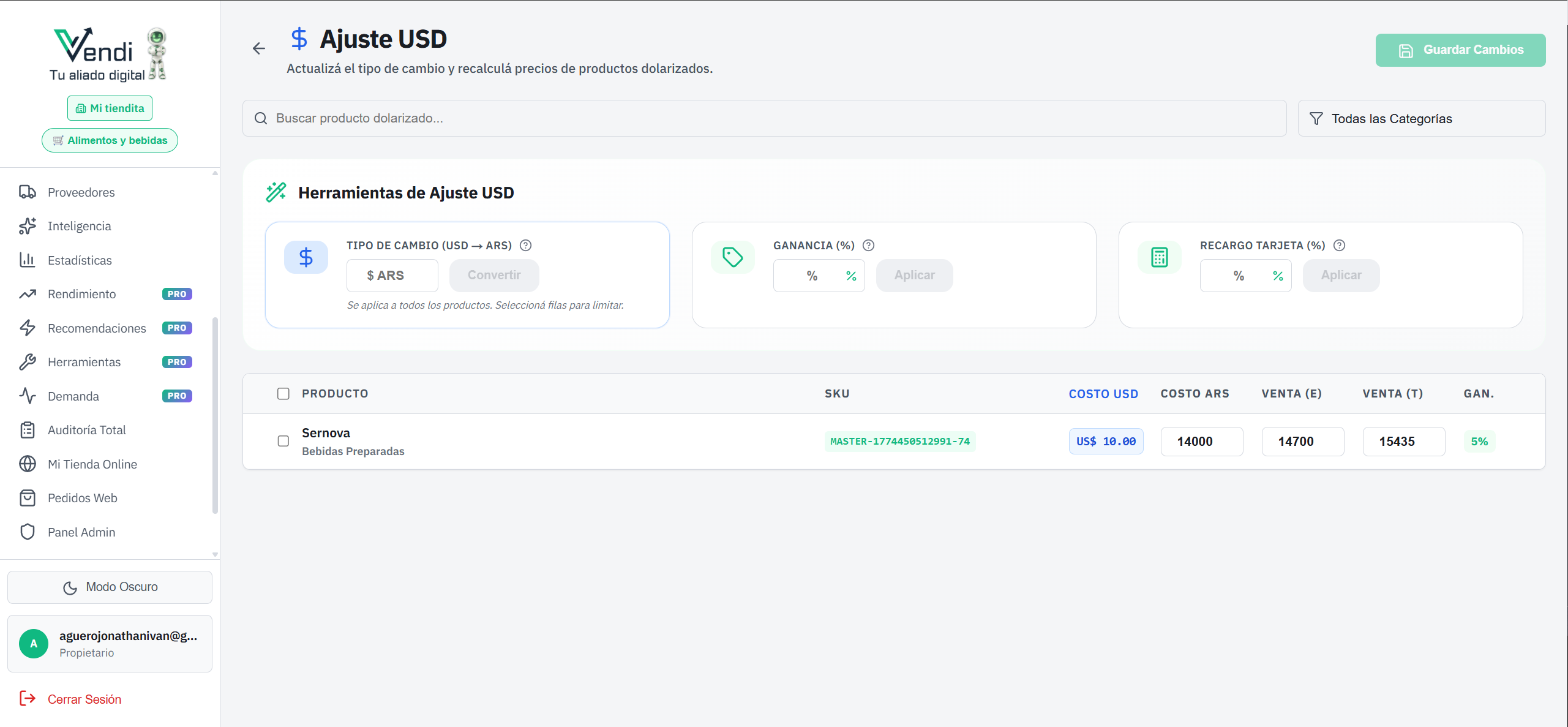 Ajuste USD — Tipo de cambio y tabla de productos dolarizados