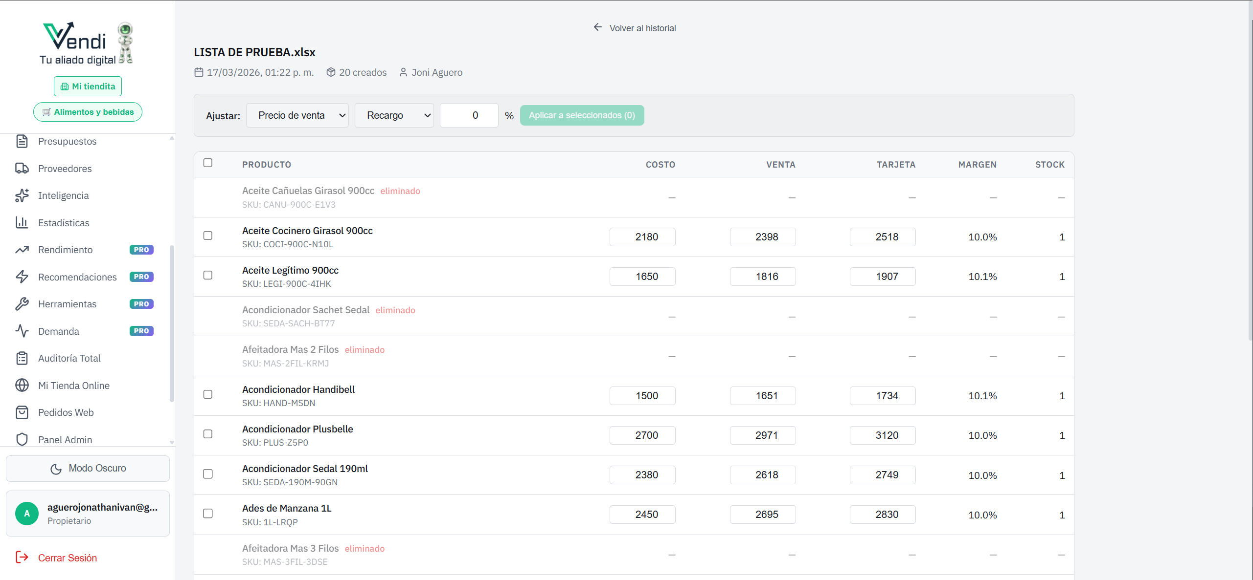 Modificar por Batch — Historial de listas subidas